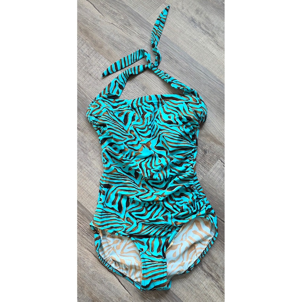 Paradise Bay Zebra Print Halter One Piece Swimsuit Turquoise Gold Brown 12